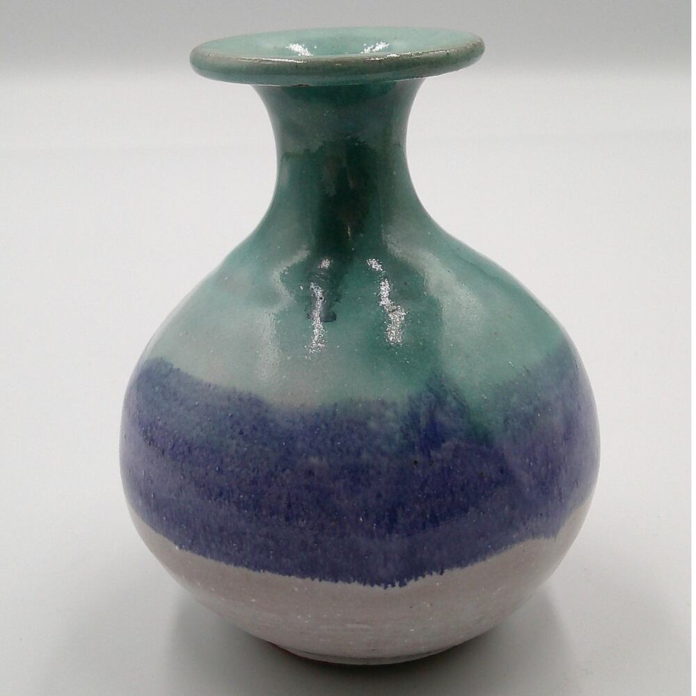 VTG Studio Art pottery Bud Vase Ceramic Glazed Blue White Green Drip Signed